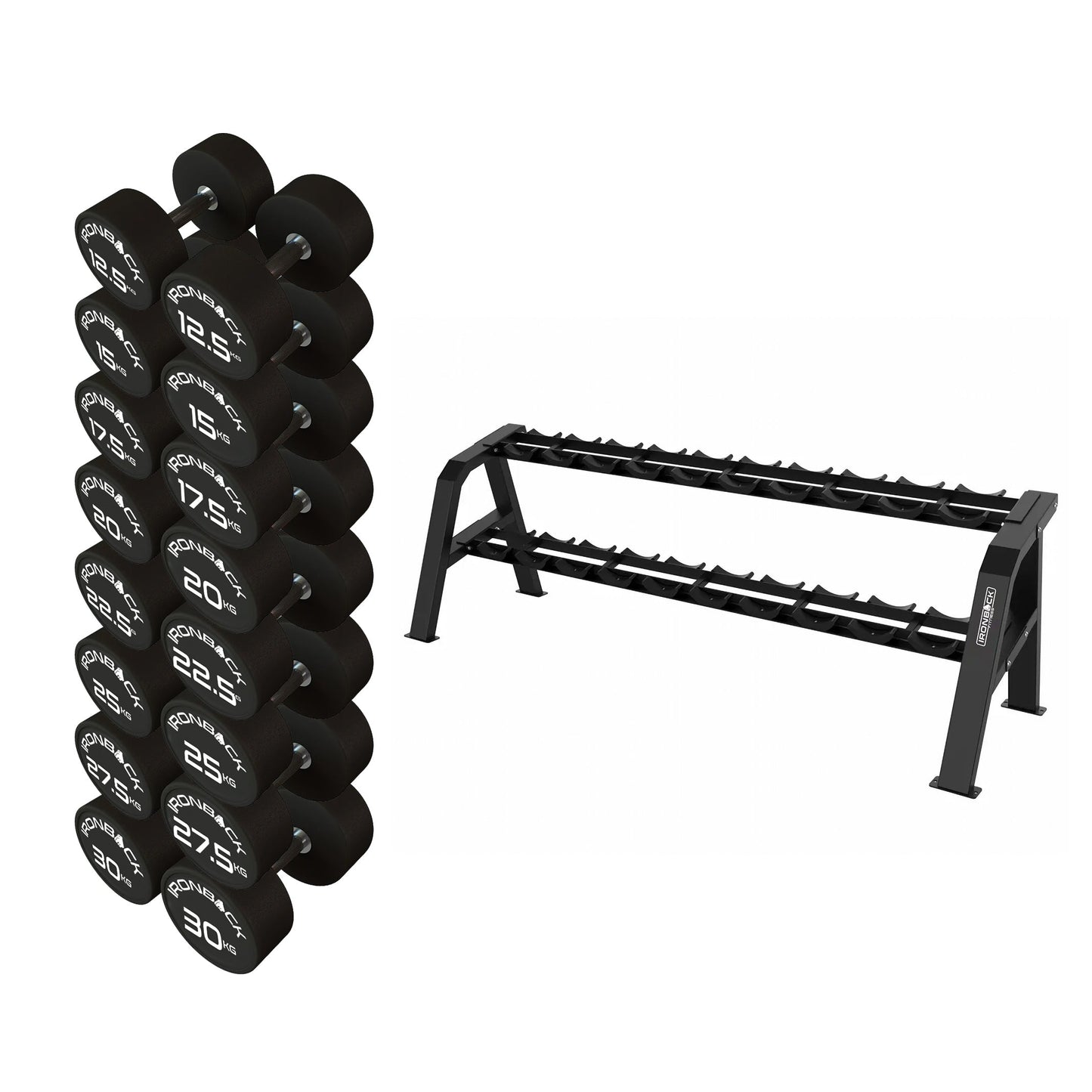 Dumbbell Set with 2 Tier Rack (12.5kg to 30kg Pairs) Ironback