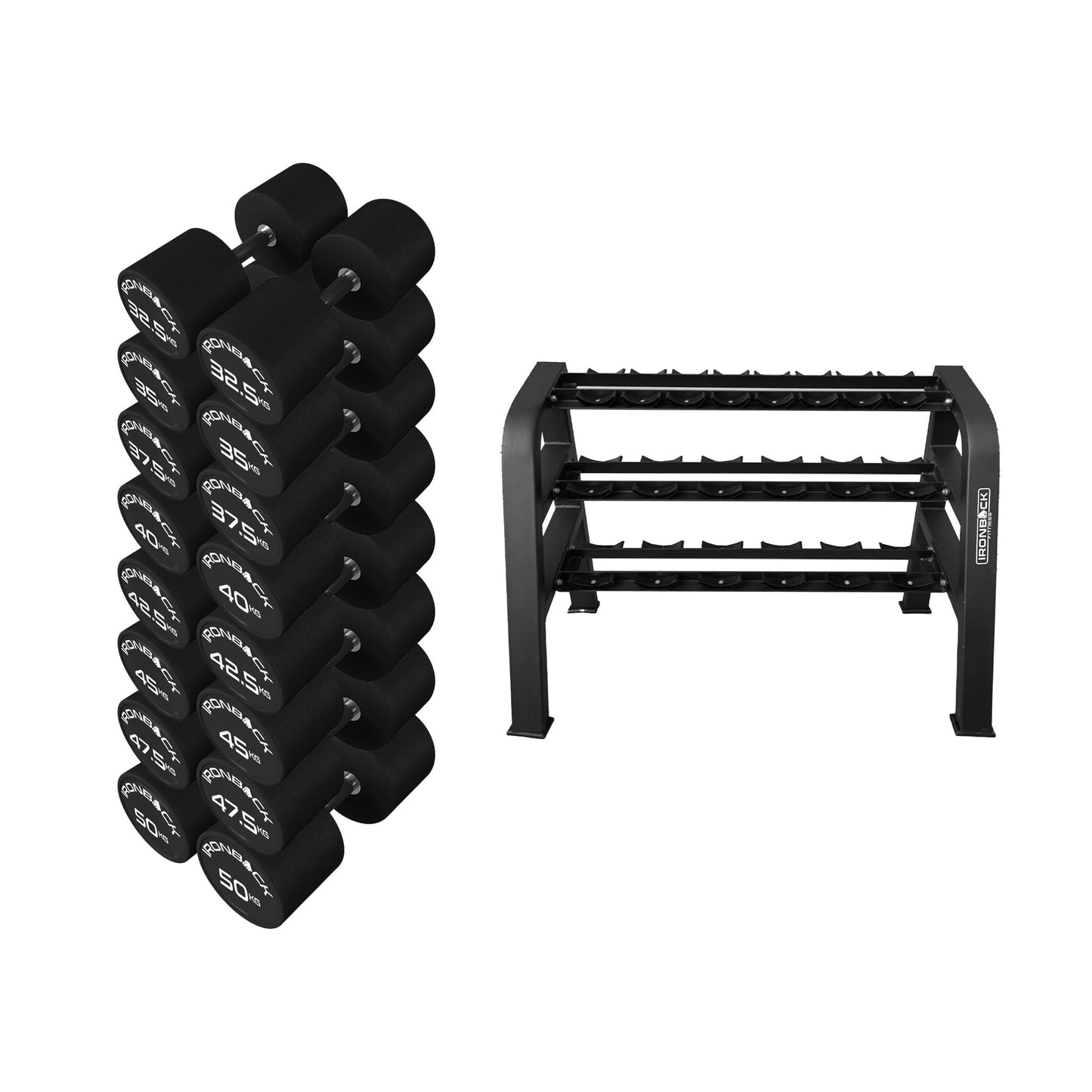 Dumbbell Set with 3 Tier Rack (32.5kg to 50kg Pairs) Ironback